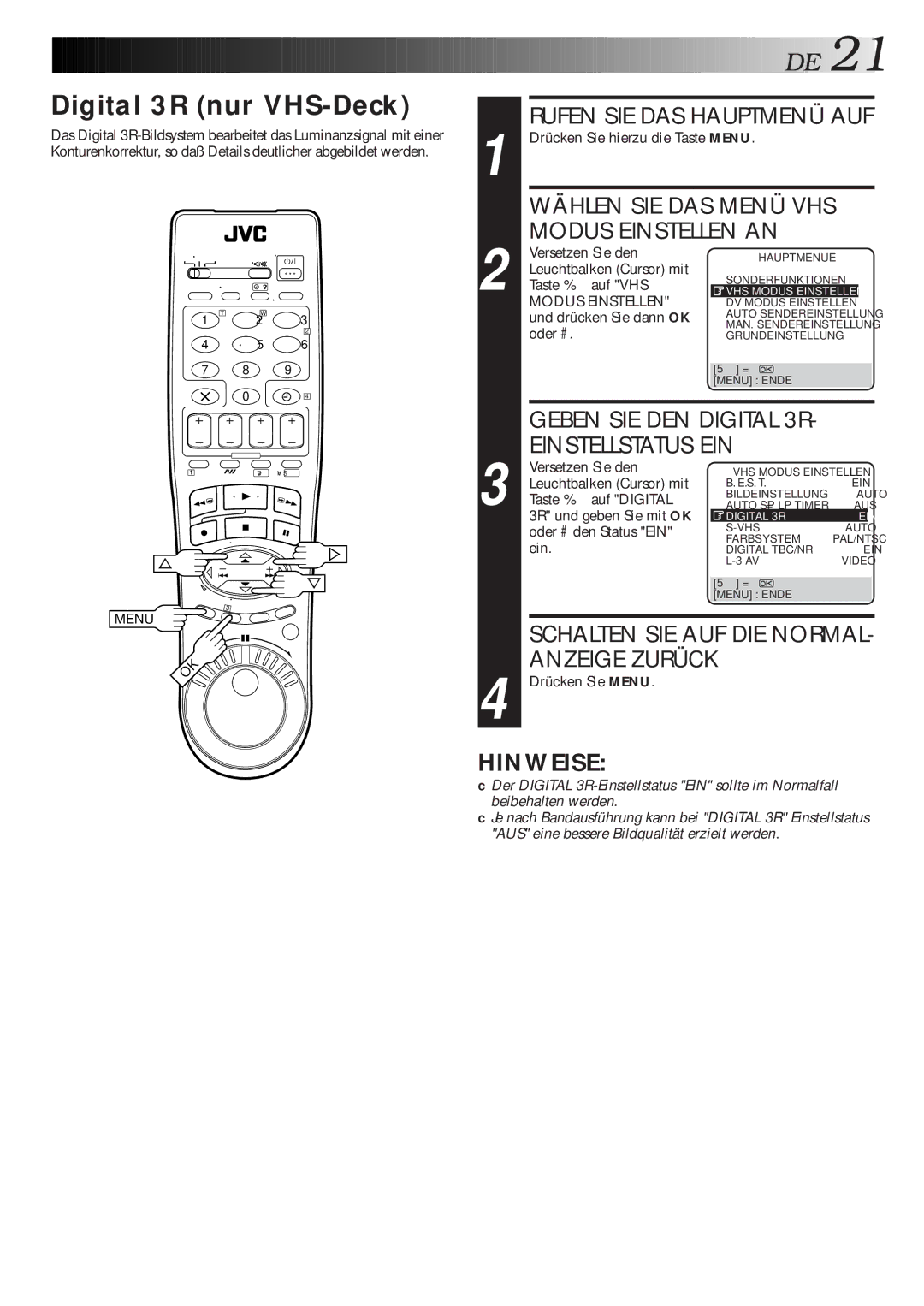 JVC HR-DVS1EU manual Digital 3R nur VHS-Deck, Modus Einstellen AN, Einstellstatus EIN 