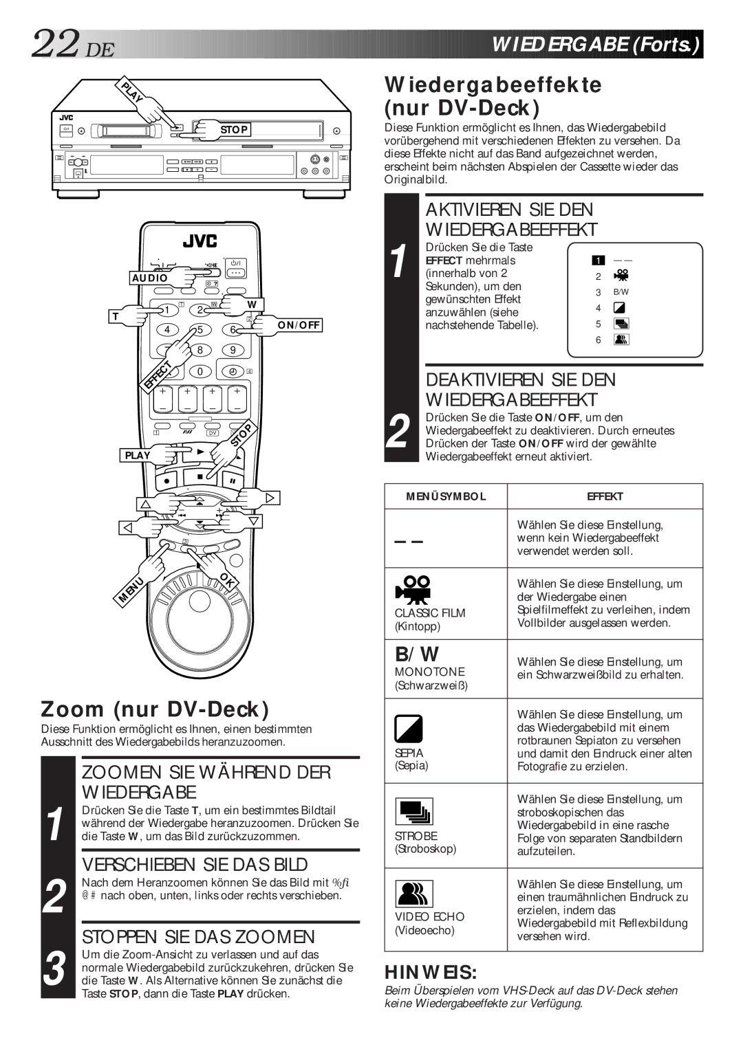 JVC HR-DVS1EU manual Wiedergabeeffekte Nur DV-Deck, Zoom nur DV-Deck 