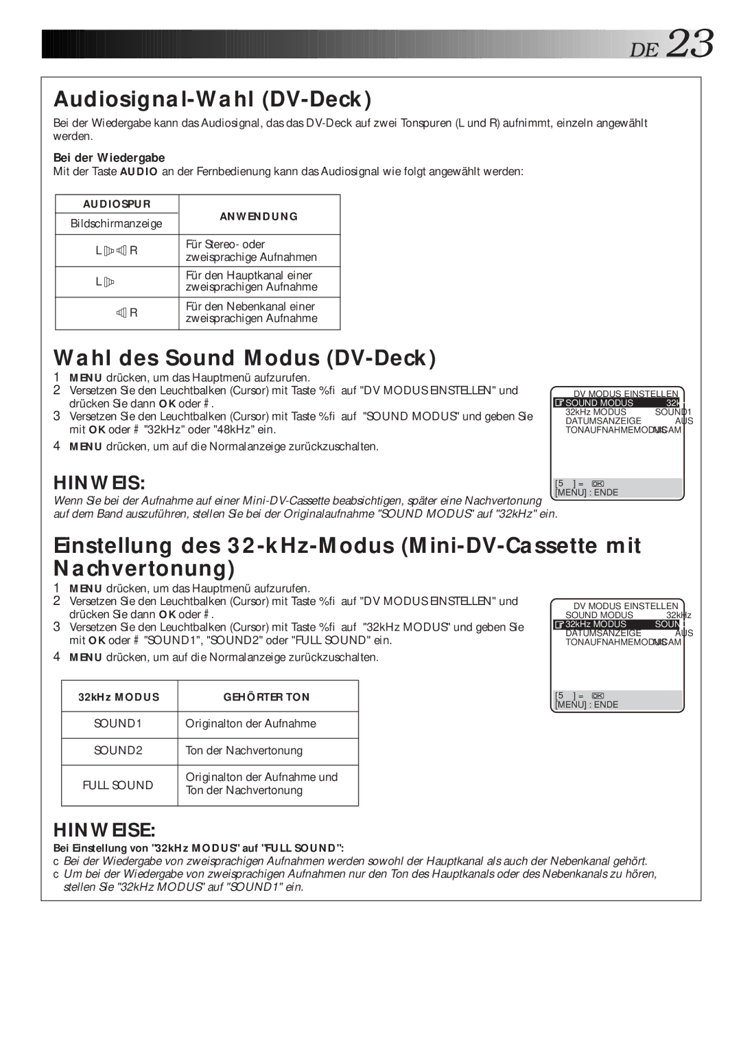 JVC HR-DVS1EU manual Audiosignal-Wahl DV-Deck, Wahl des Sound Modus DV-Deck, 32kHz Modus, Gehörter TON 