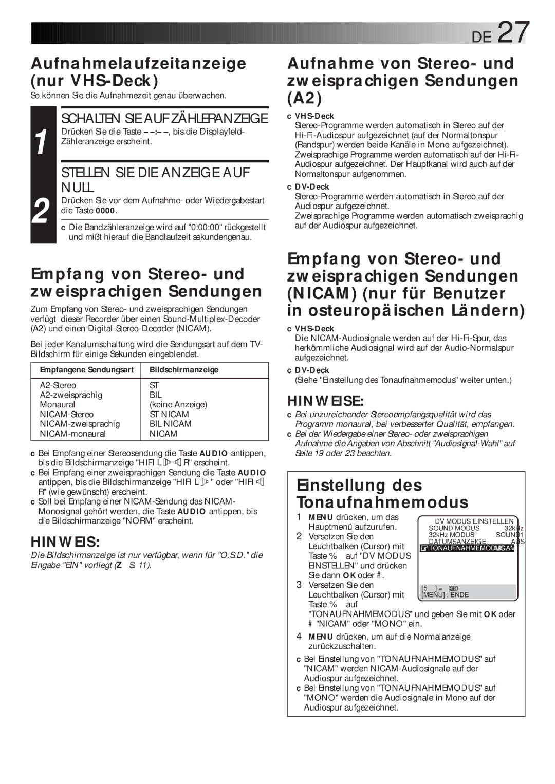 JVC HR-DVS1EU manual Aufnahmelaufzeitanzeige nur VHS-Deck, Empfang von Stereo- und zweisprachigen Sendungen 