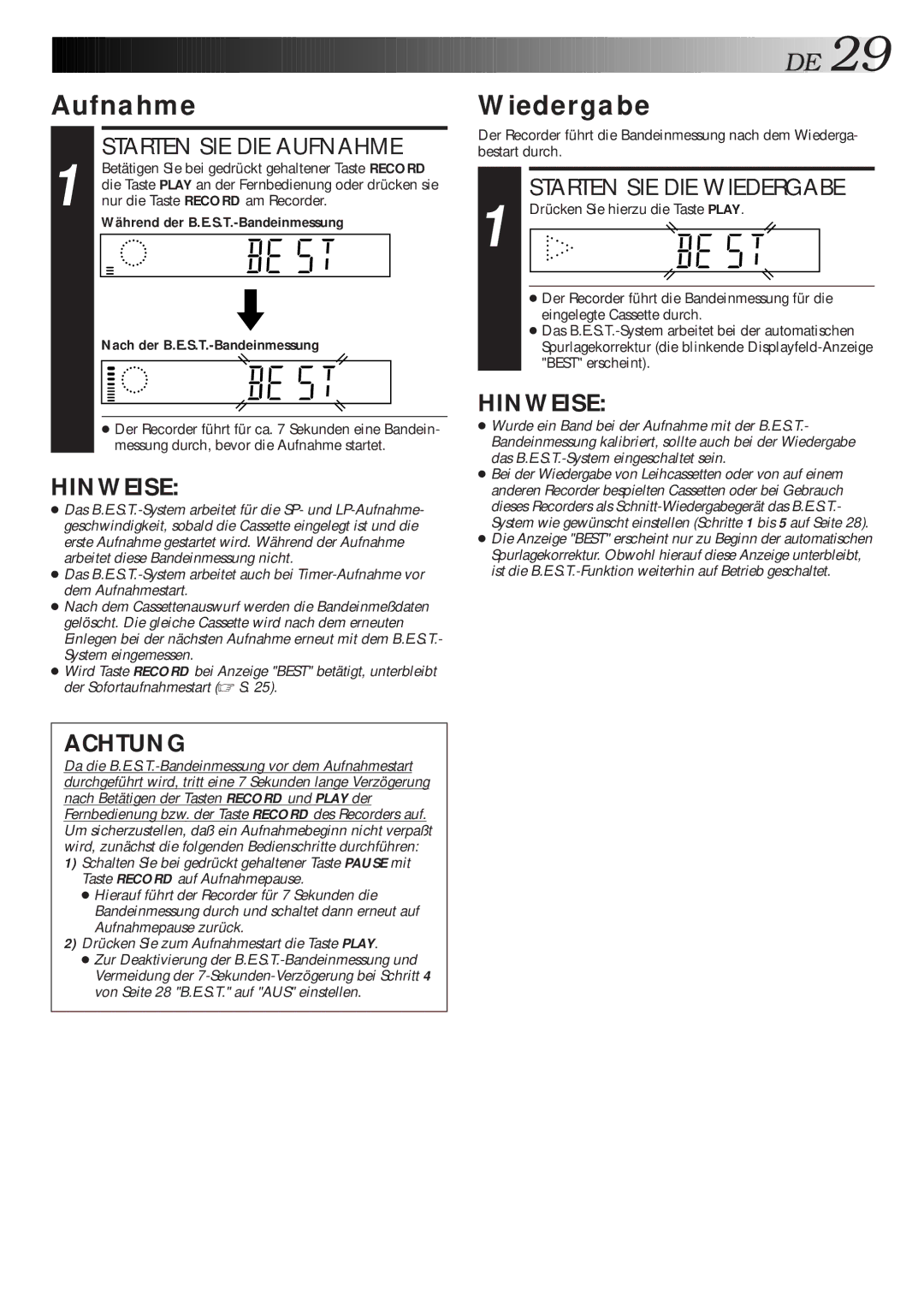 JVC HR-DVS1EU manual Aufnahme, Wiedergabe 