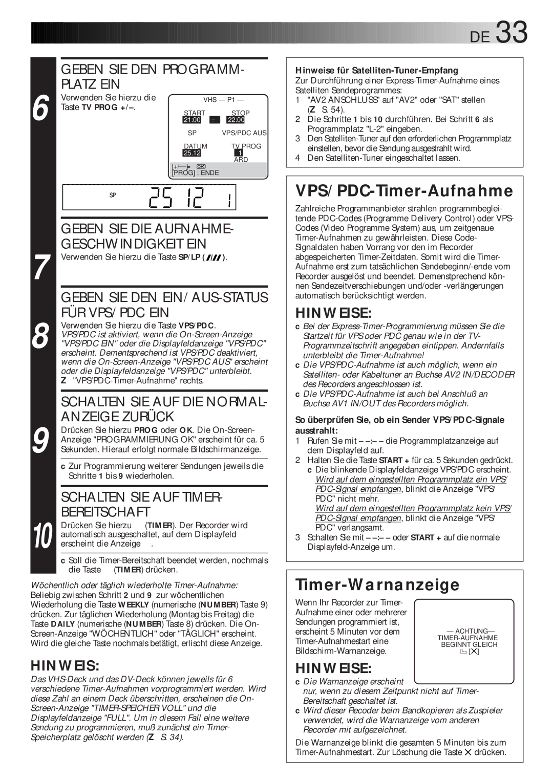 JVC HR-DVS1EU manual VPS/PDC-Timer-Aufnahme 