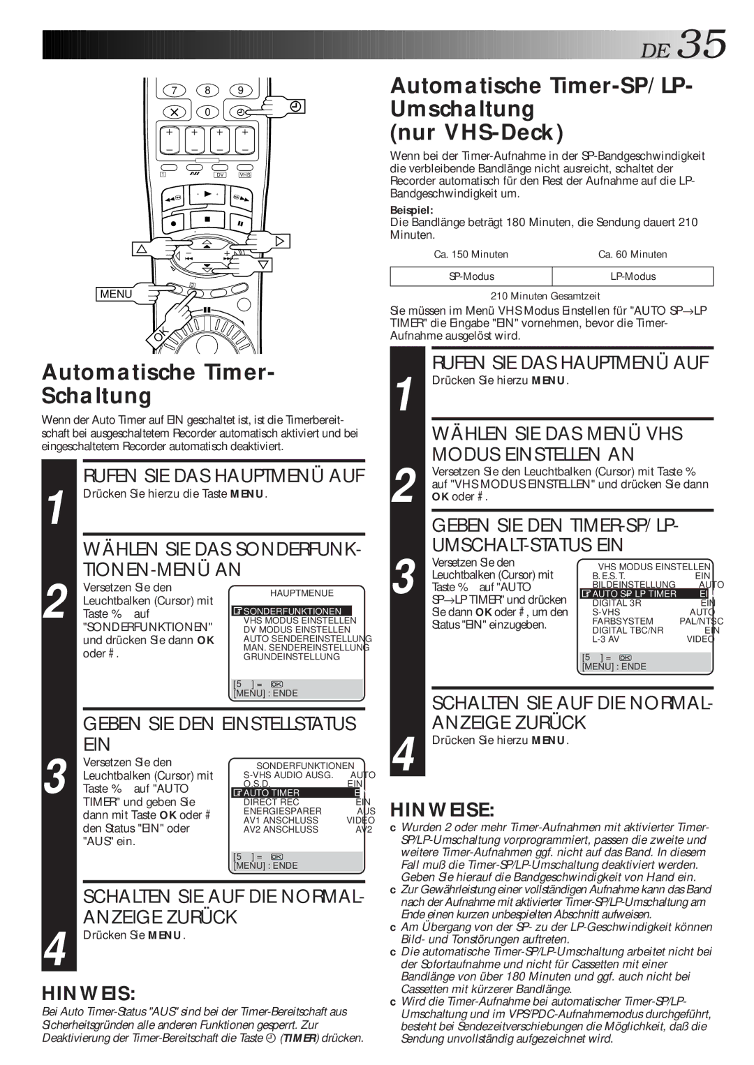 JVC HR-DVS1EU manual Automatische Timer-SP/LP Umschaltung Nur VHS-Deck, Automatische Timer Schaltung 