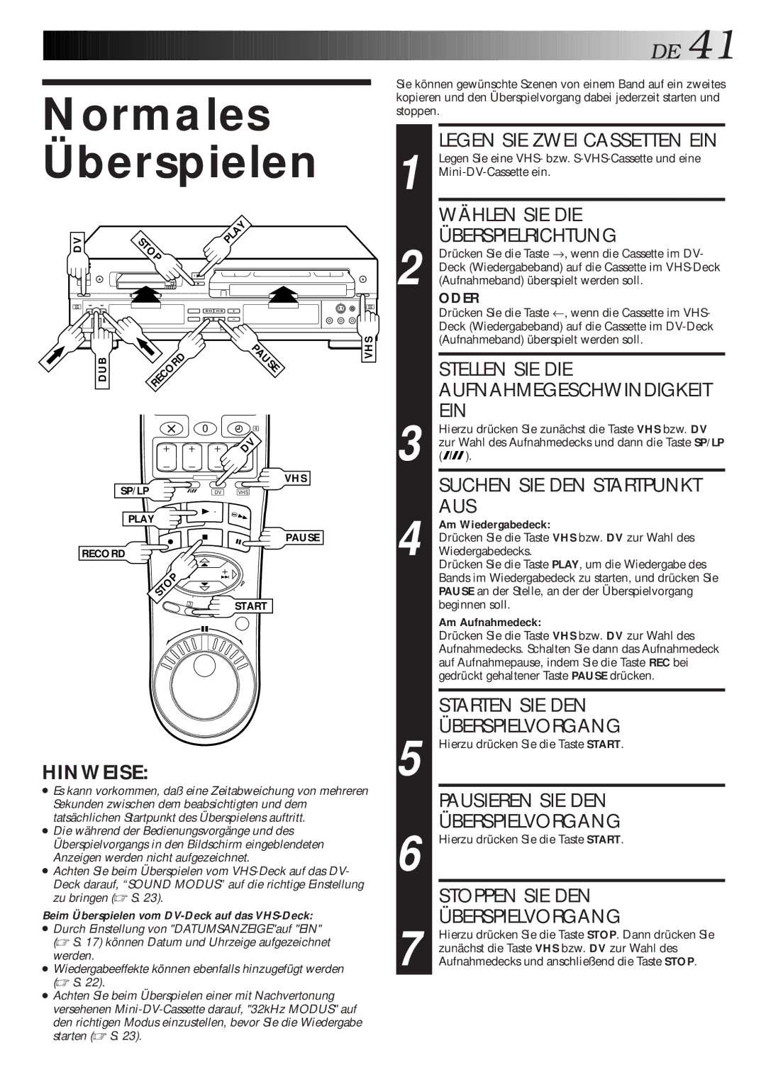 JVC HR-DVS1EU manual Suchen SIE DEN Startpunkt, Aus, Pausieren SIE DEN, Stoppen SIE DEN 