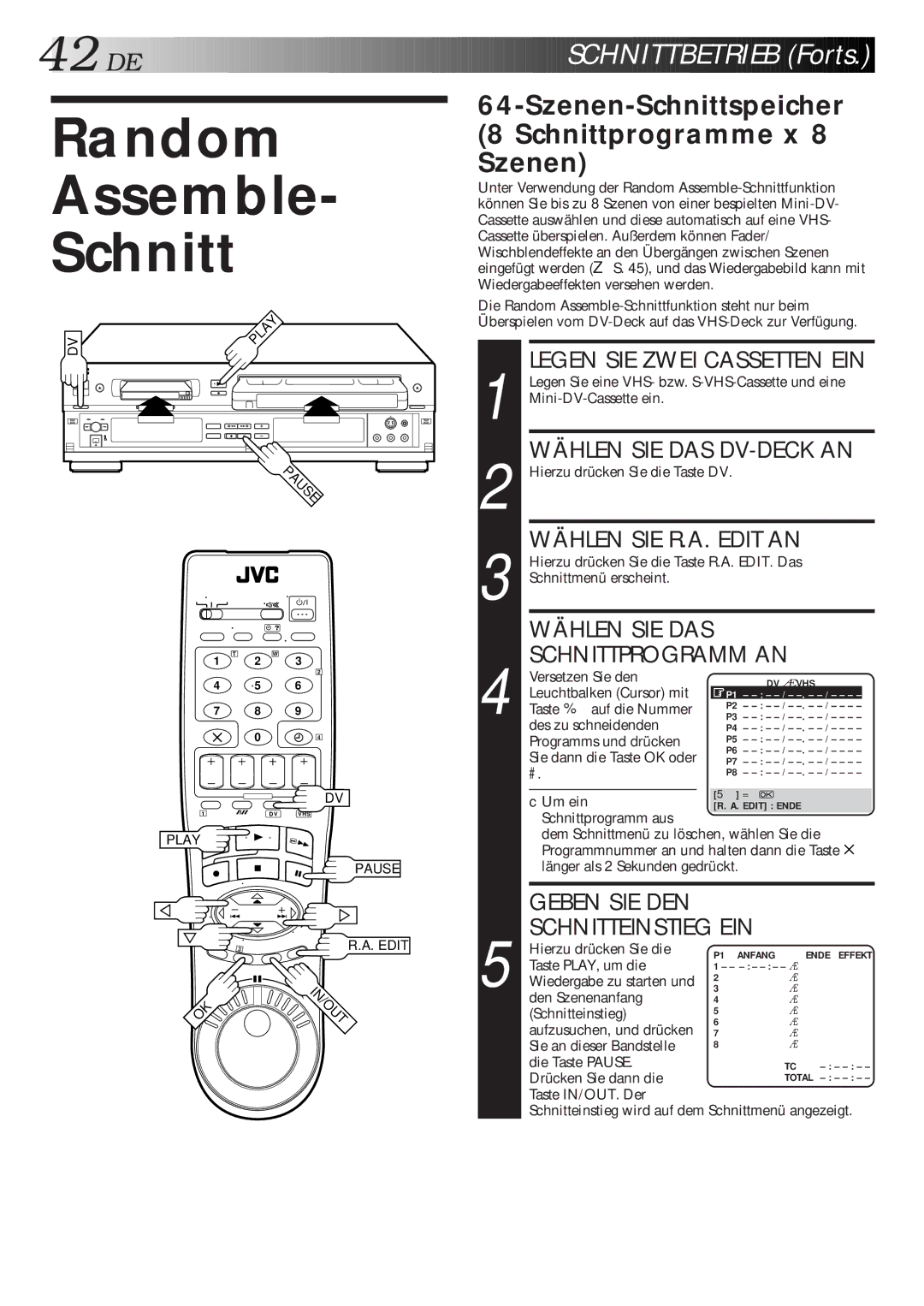 JVC HR-DVS1EU Szenen-Schnittspeicher 8 Schnittprogramme x 8 Szenen, Wählen SIE DAS DV-DECK AN, Wählen SIE R.A. Edit AN 