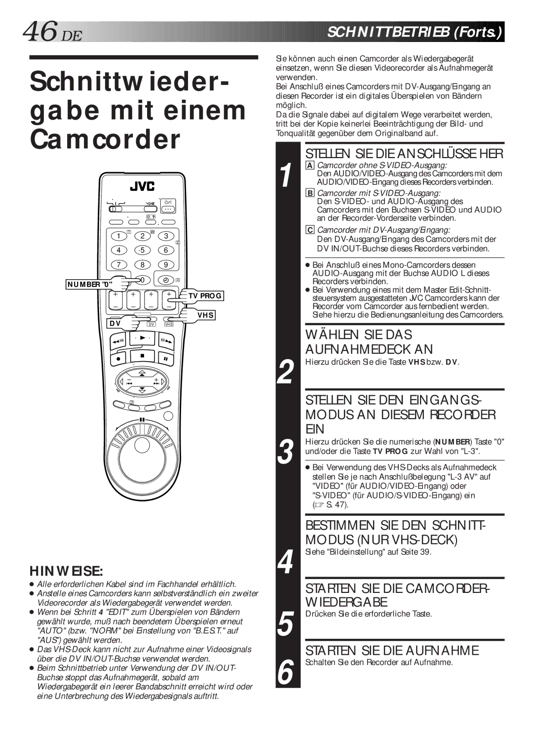 JVC HR-DVS1EU manual Schnittwieder- gabe mit einem Camcorder 