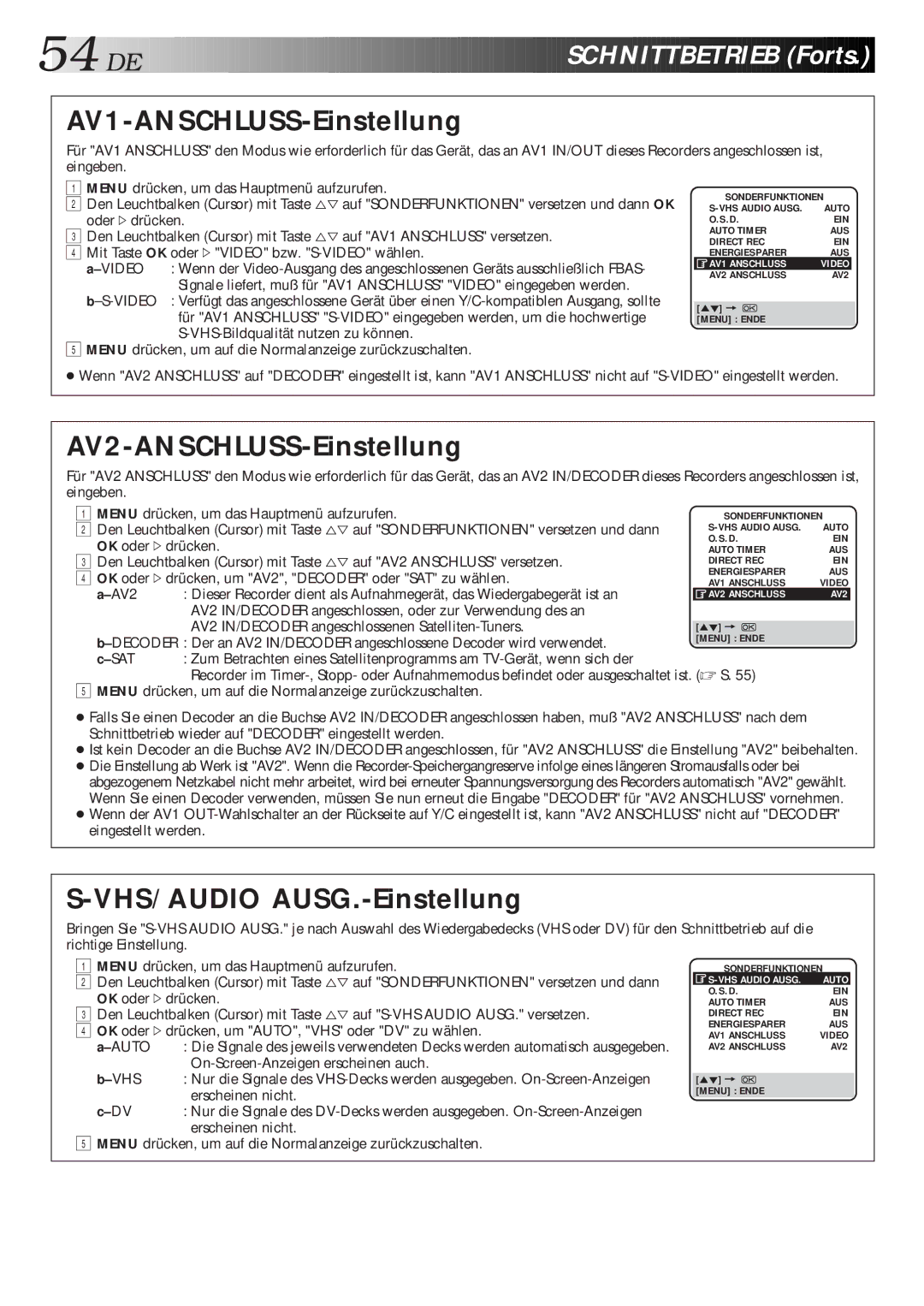 JVC HR-DVS1EU manual AV1-ANSCHLUSS-Einstellung, AV2-ANSCHLUSS-Einstellung, VHS/AUDIO AUSG.-Einstellung 