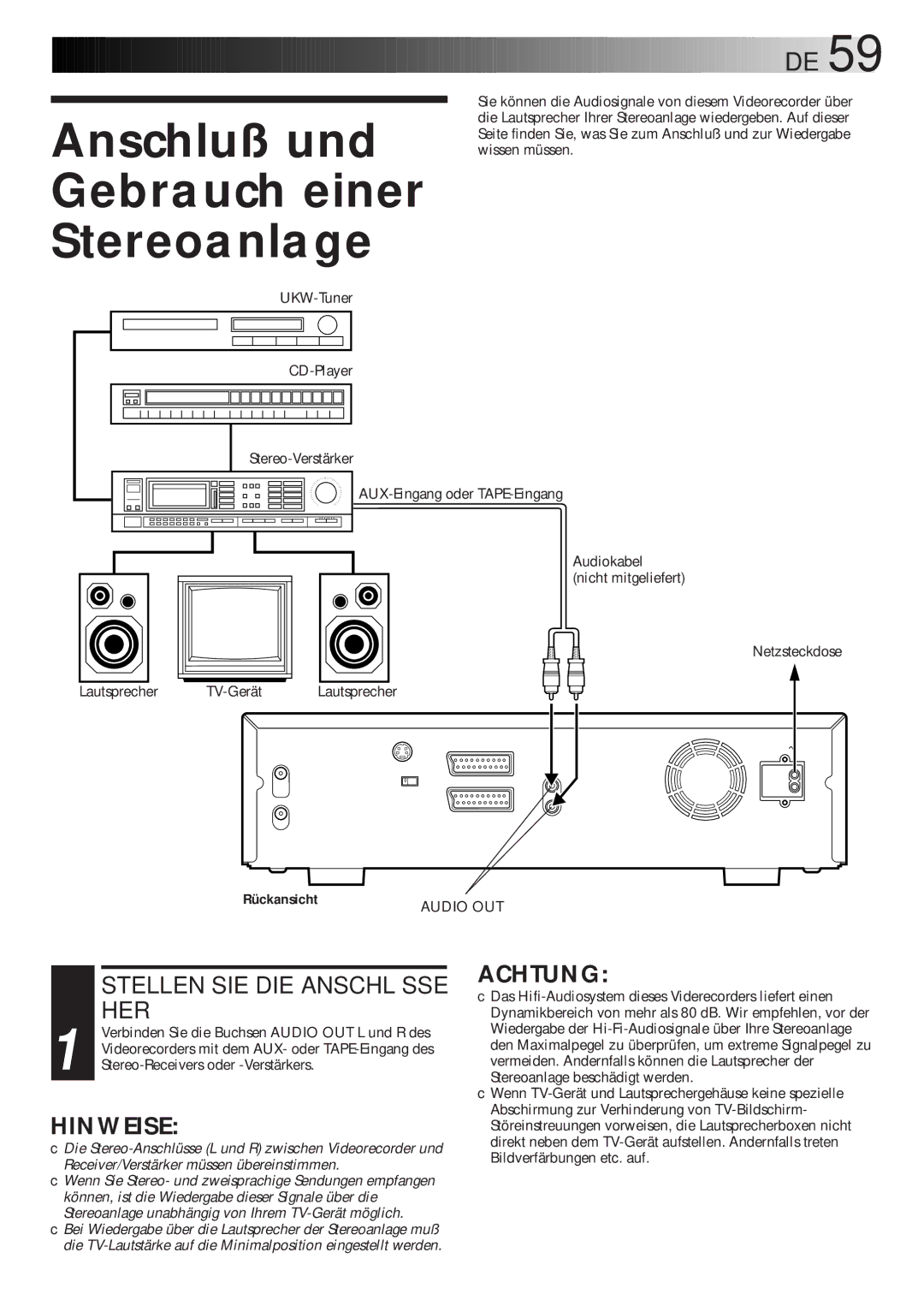 JVC HR-DVS1EU manual Anschluß und Gebrauch einer Stereoanlage, Stellen SIE DIE Anschlüsse, Her, Audio OUT 