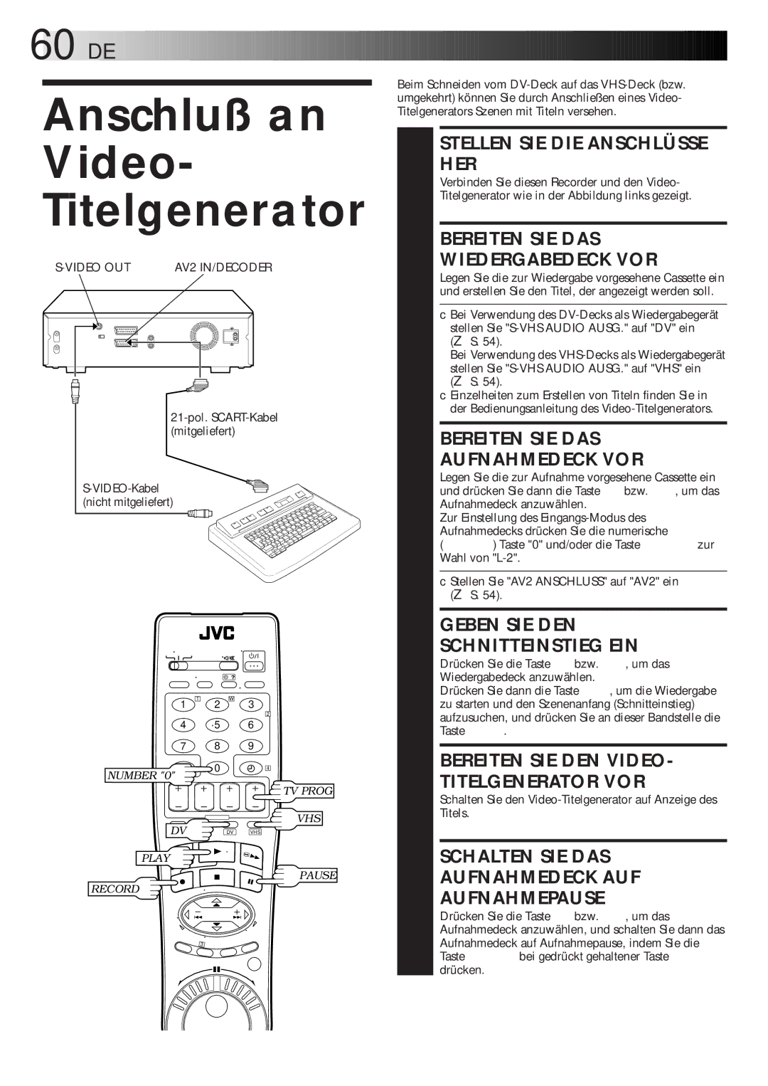 JVC HR-DVS1EU Bereiten SIE DAS, Wiedergabedeck VOR, Aufnahmedeck VOR, Geben SIE DEN, Schnitteinstieg EIN, Schalten SIE DAS 