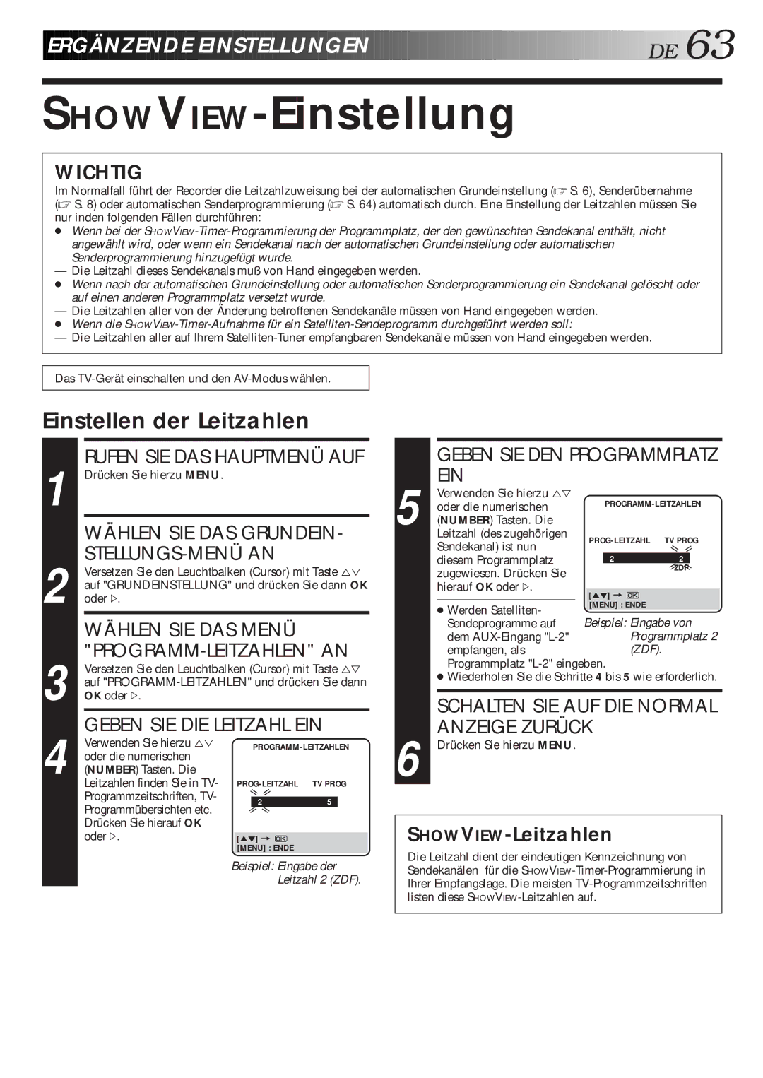 JVC HR-DVS1EU manual Ergä Nzende Einstellungen DE, Einstellen der Leitzahlen 