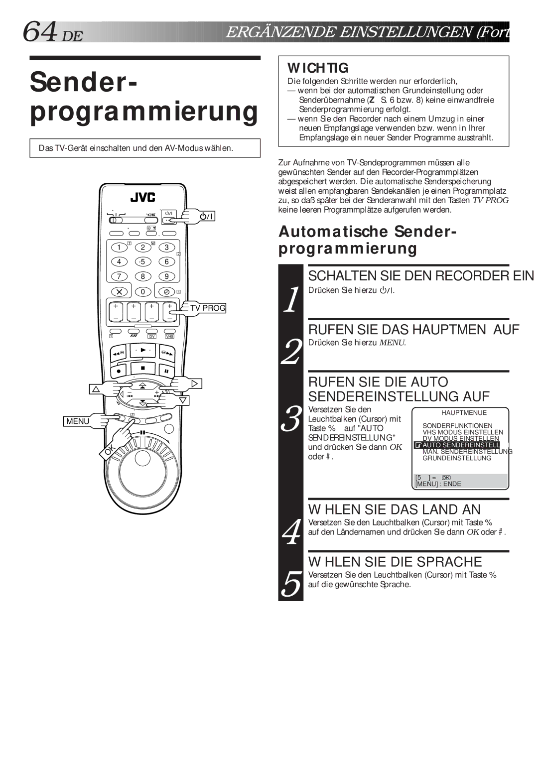 JVC HR-DVS1EU manual Ergän Zende Einstellungen Forts, Automatische Sender- programmierung 