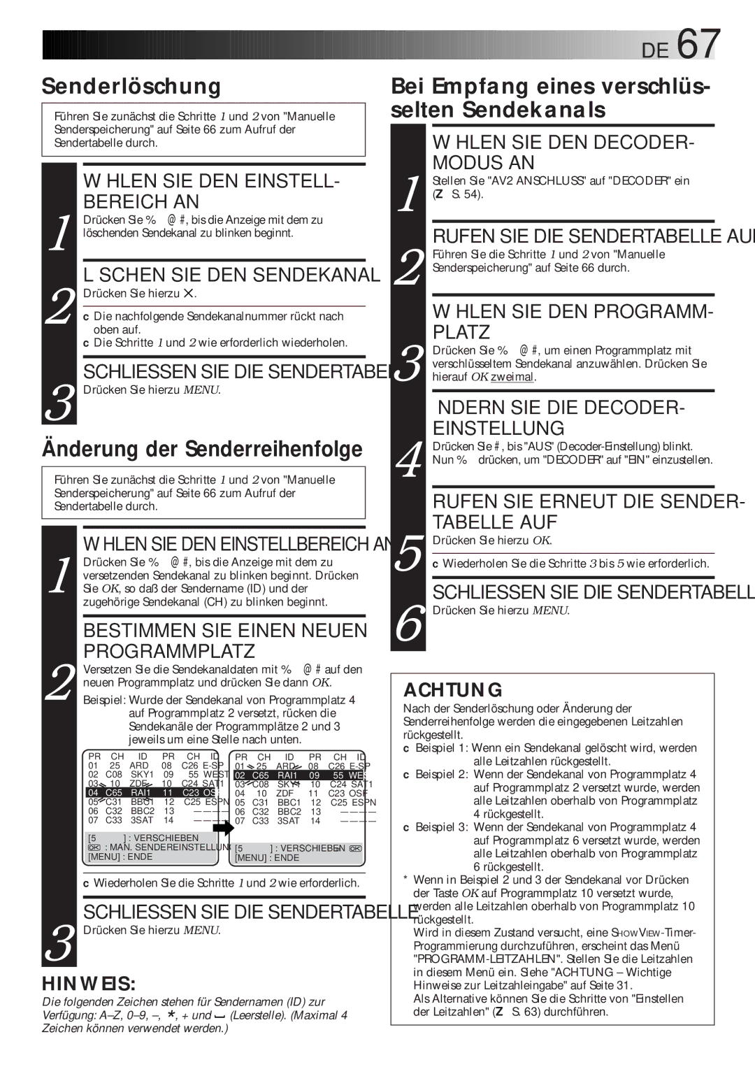 JVC HR-DVS1EU Senderlöschung, Bei Empfang eines verschlüs- selten Sendekanals, Bestimmen SIE Einen Neuen, Programmplatz 