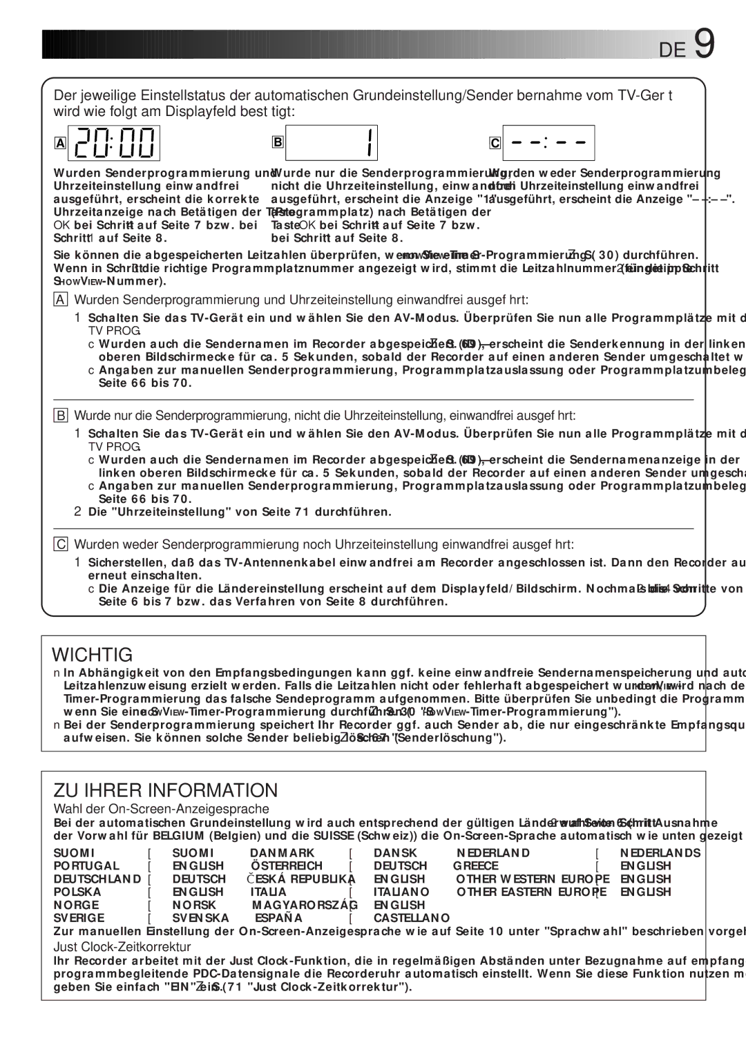 JVC HR-DVS1EU manual Wichtig, ZU Ihrer Information, TV Prog, English Sverige Svenska España Castellano 