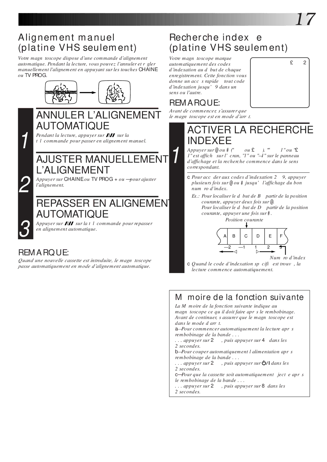 JVC HR-DVS1MS manual Activer LA Recherche Indexee, Alignement manuel platine VHS seulement 