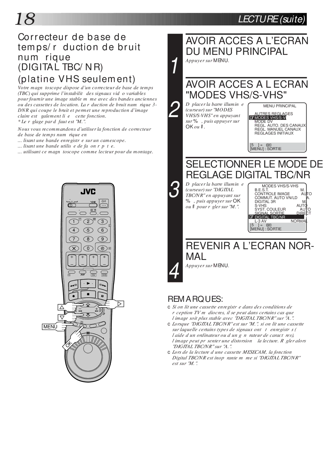 JVC HR-DVS1MS manual Curseur sur Modes, VHS/S-VHS en appuyant, Sur %Þ, puis appuyer sur, OK ou #, Curseur sur Digital 