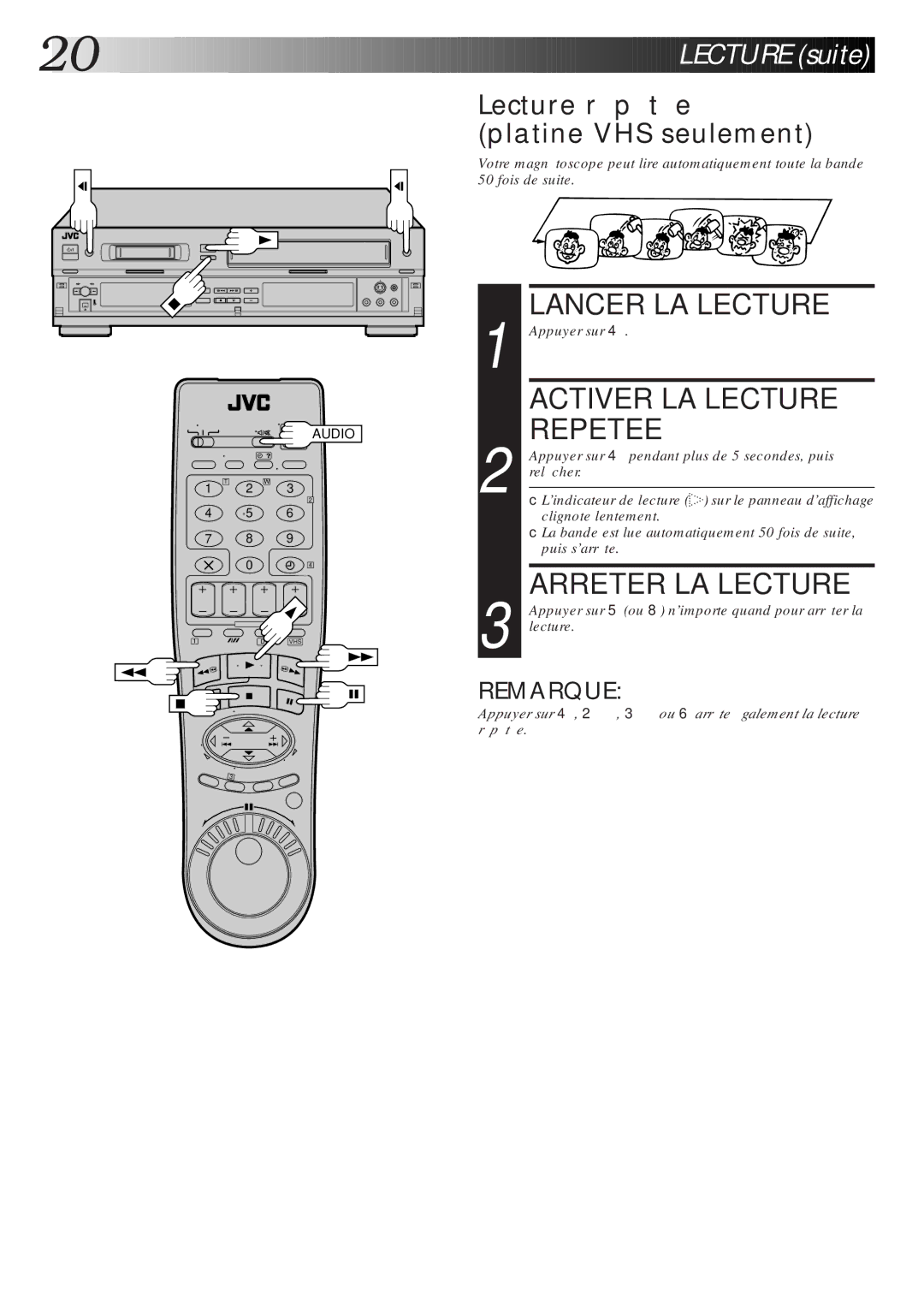 JVC HR-DVS1MS manual Lancer LA Lecture, Activer LA Lecture Repetee, Lecture répétée platine VHS seulement 