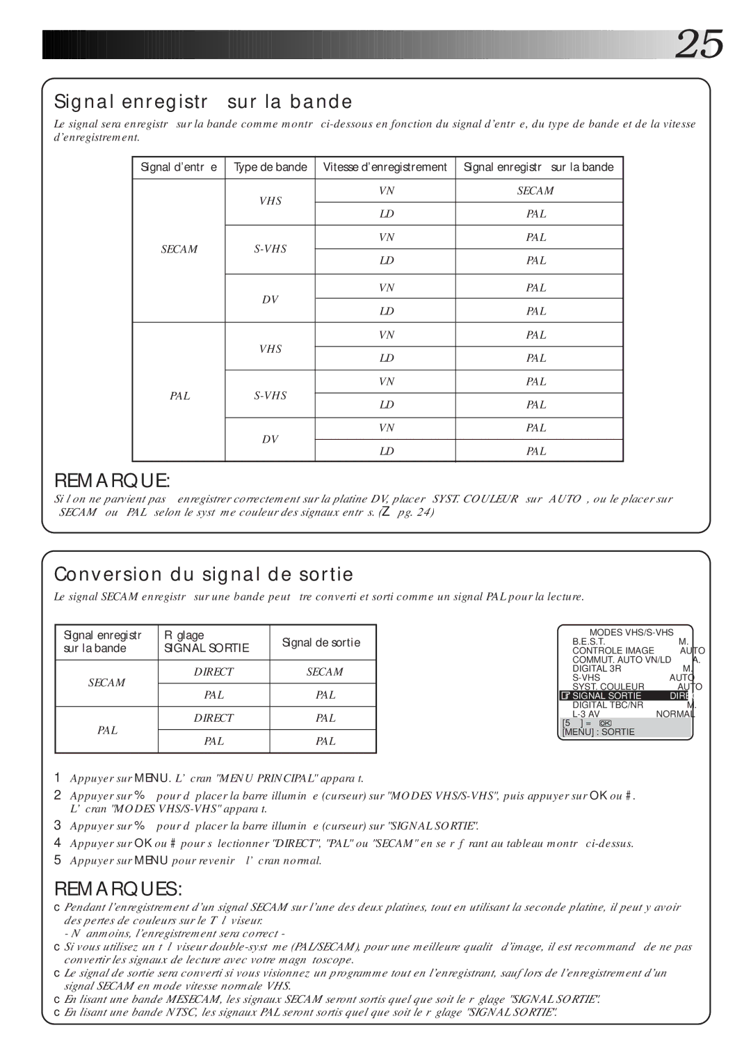 JVC HR-DVS1MS manual Réglage Signal de sortie Sur la bande, Signal Sortie 