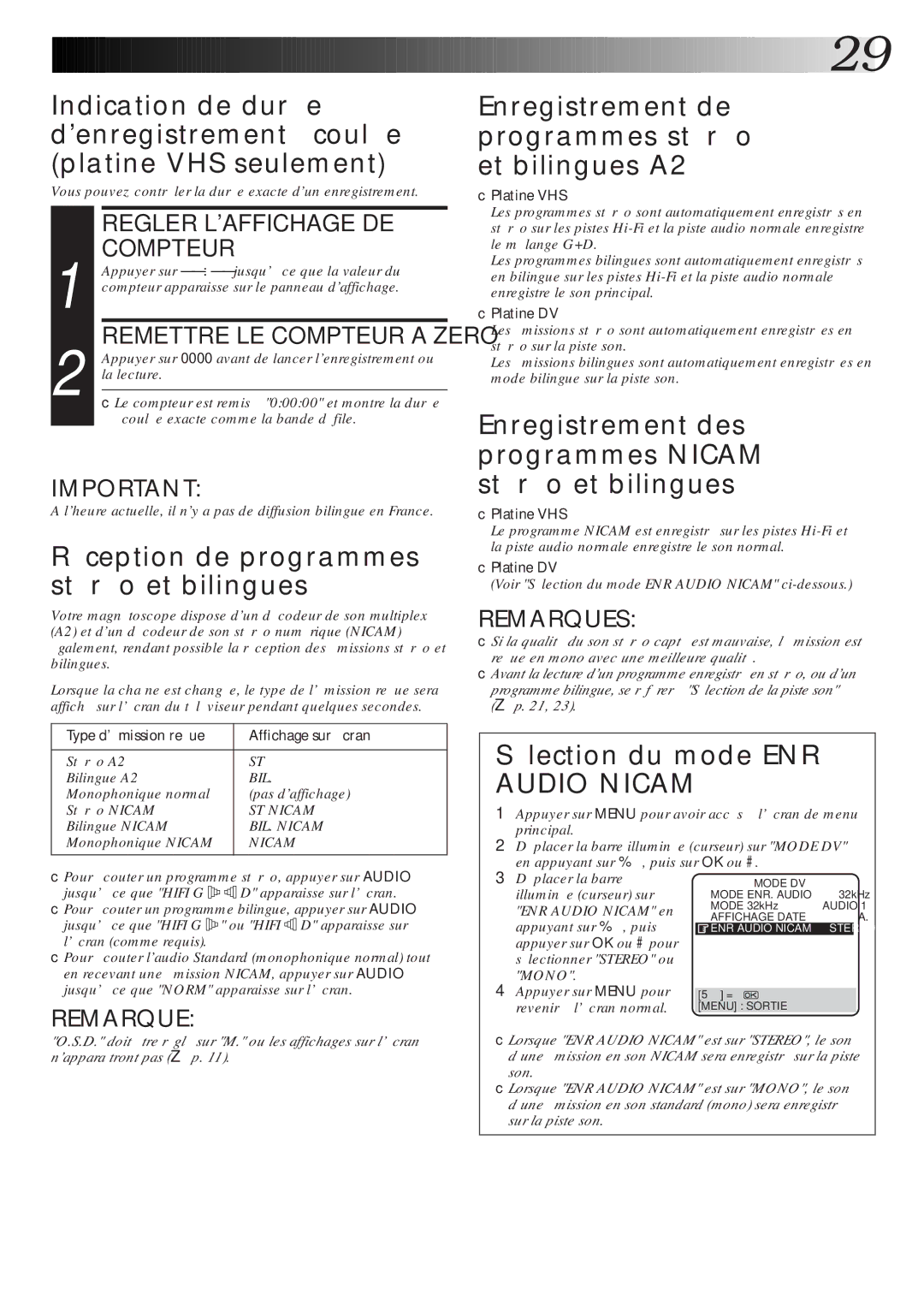 JVC HR-DVS1MS manual Réception de programmes stéréo et bilingues, Enregistrement de programmes stéréo et bilingues A2 