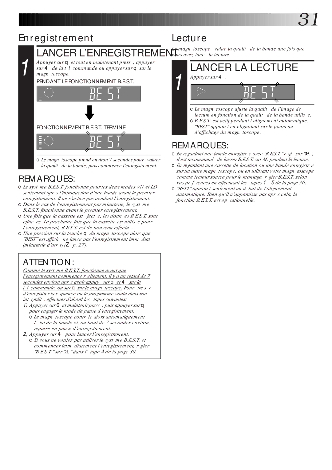 JVC HR-DVS1MS manual Enregistrement, Lecture, Lancer Lenregistrement, Appuyer sur 4 pour lancer lenregistrement 