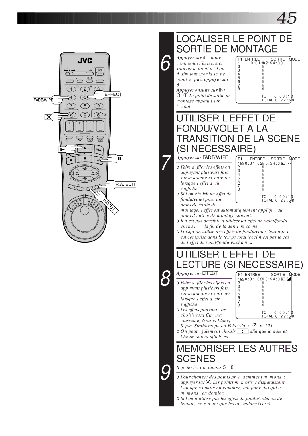 JVC HR-DVS1MS manual Localiser LE Point DE Sortie DE Montage, Memoriser LES Autres Scenes 