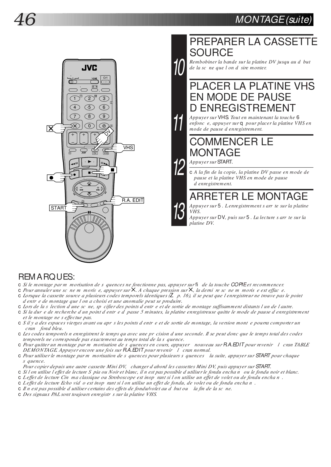 JVC HR-DVS1MS manual Preparer LA Cassette Source, Commencer LE Montage, Arreter LE Montage 