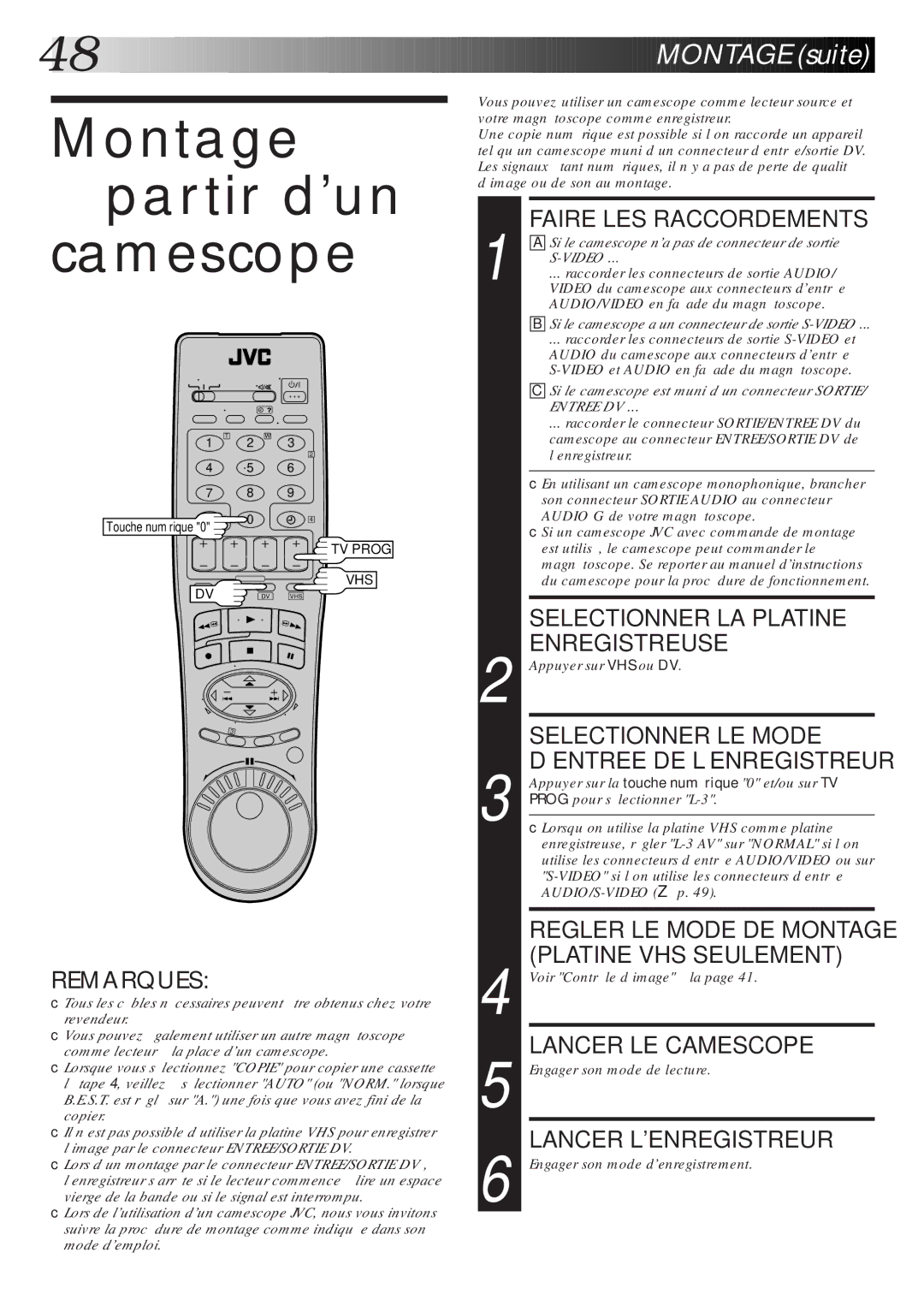 JVC HR-DVS1MS manual Montage Partir dun camescope 