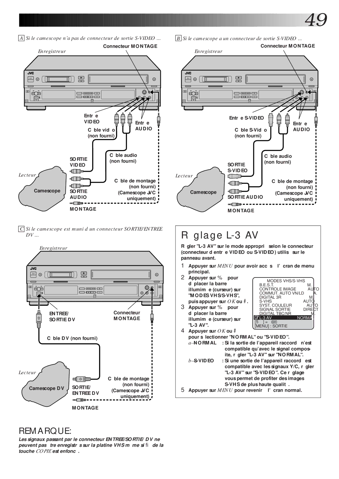 JVC HR-DVS1MS manual Réglage L-3 AV, Enregistreur, Lecteur, Illumimée curseur sur, Modes VHS/S-VHS 