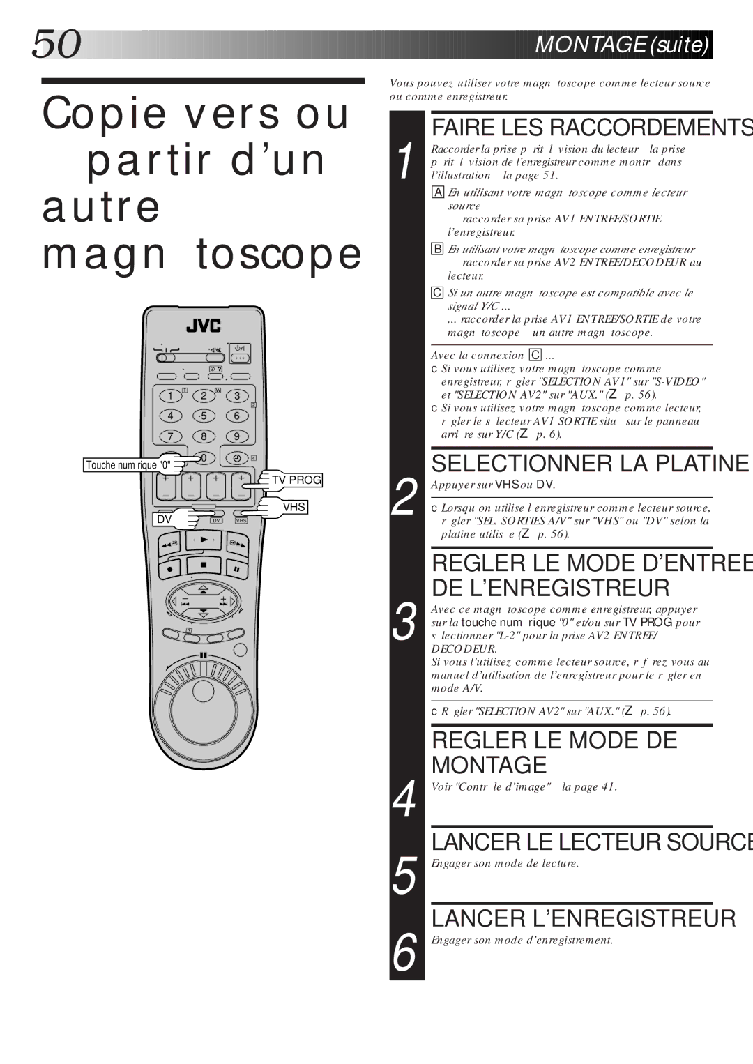 JVC HR-DVS1MS Copie vers ou Partir dun autre magnétoscope, DE Lenregistreur, Regler LE Mode DE, Lancer LE Lecteur Source 