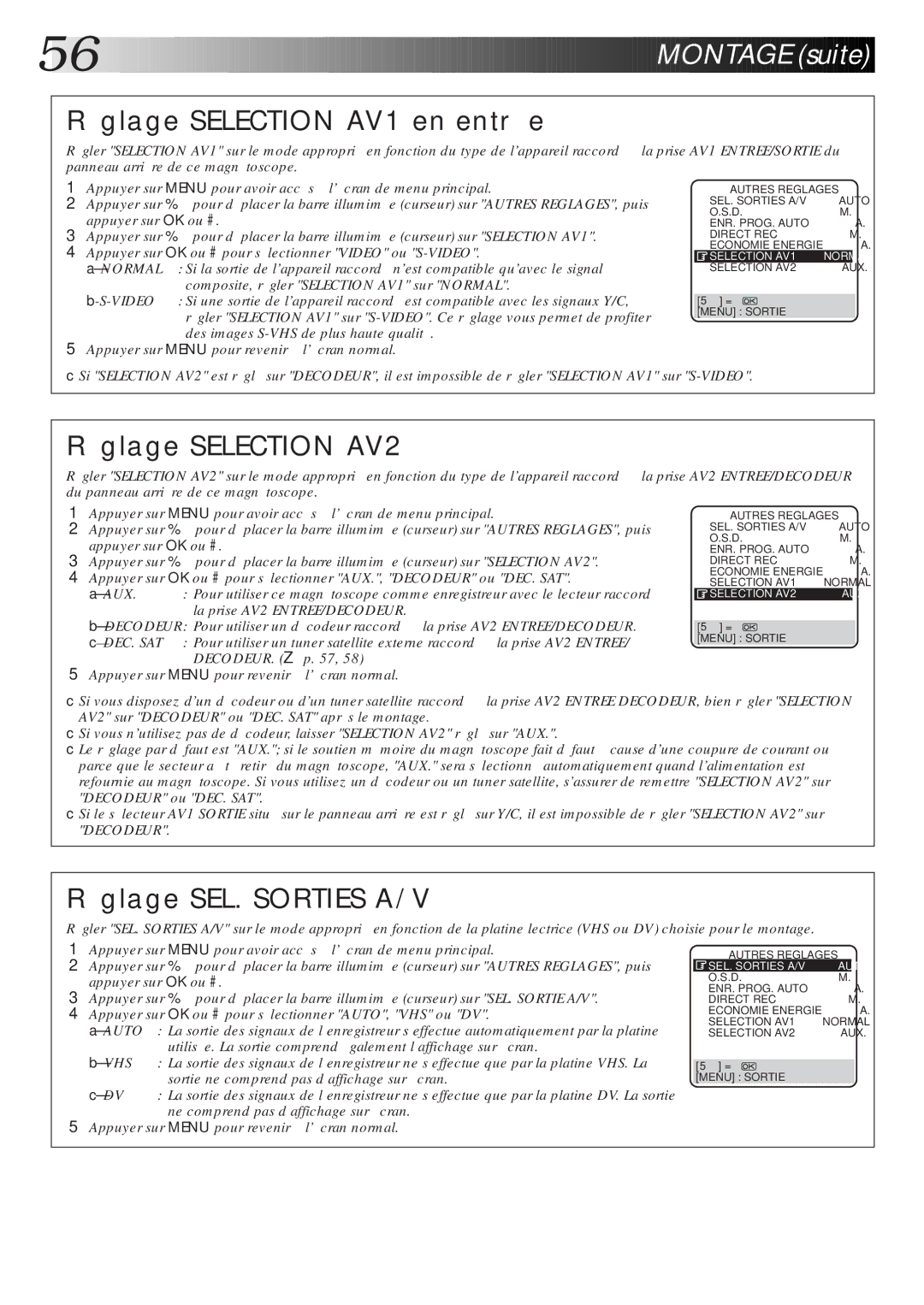 JVC HR-DVS1MS manual Réglage Selection AV1 en entrée, Réglage Selection AV2, Réglage SEL. Sorties A/V 