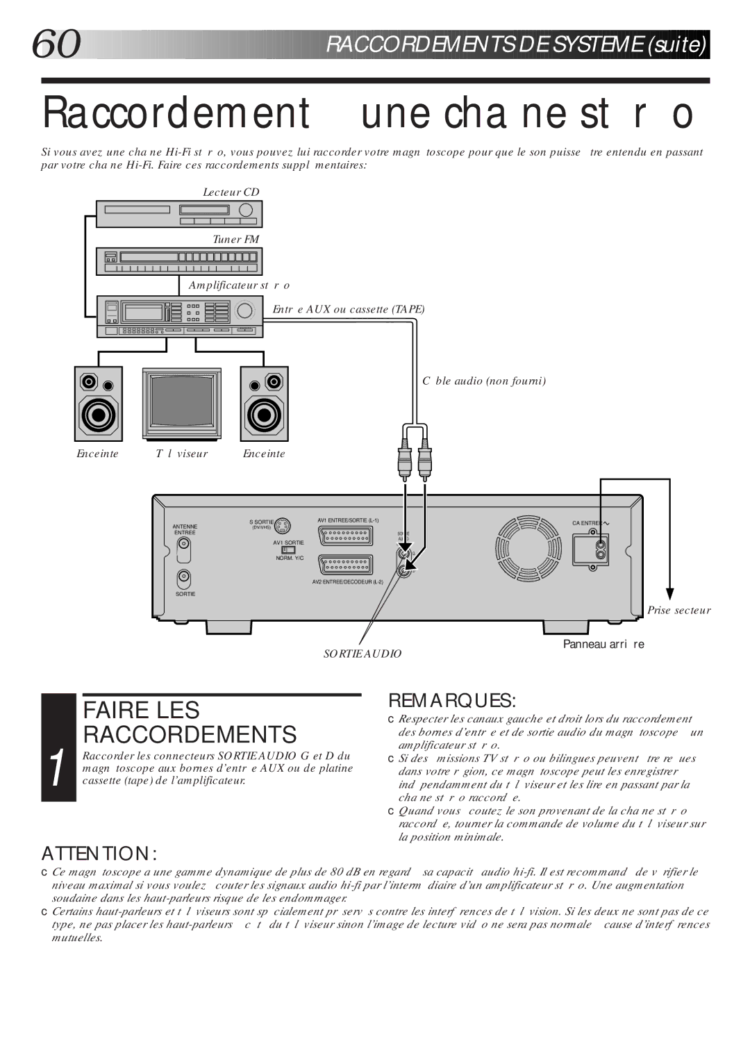 JVC HR-DVS1MS manual Câble audio non fourni Enceinte, Raccorder les connecteurs Sortie Audio G et D du 