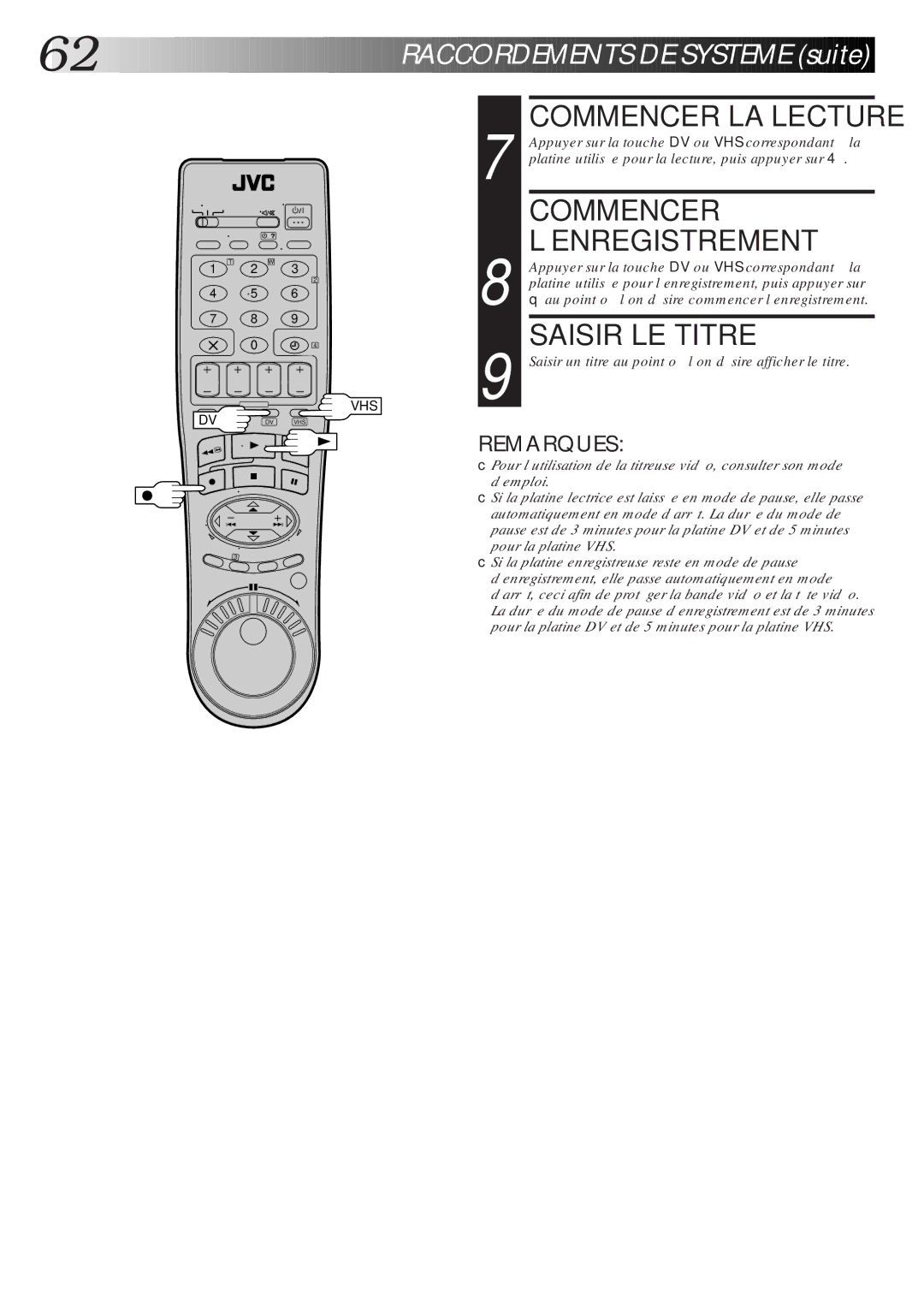 JVC HR-DVS1MS manual Commencer ’ENREGISTREMENT, Saisir LE Titre, Au point où l’on désire commencer l’enregistrement 