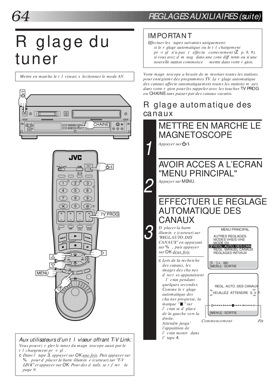 JVC HR-DVS1MS manual Réglage du tuner, Réglage automatique des canaux, Commencement 