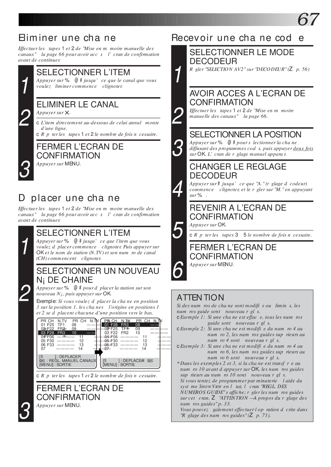 JVC HR-DVS1MS manual Eliminer une chaîne, Déplacer une chaîne, Recevoir une chaîne codée 