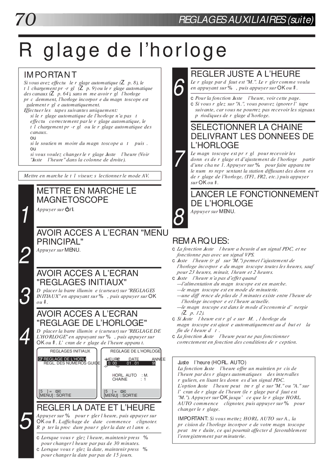 JVC HR-DVS1MS manual Réglage de lhorloge 