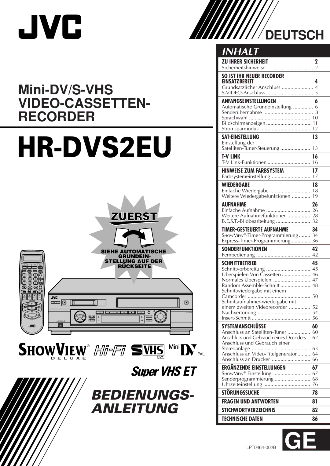 JVC HR-DVS2EU manual Einstellung der, Link-Funktionen, SHOWVIEW-Timer-Programmierung, Fernbedienung, Normales Überspielen 