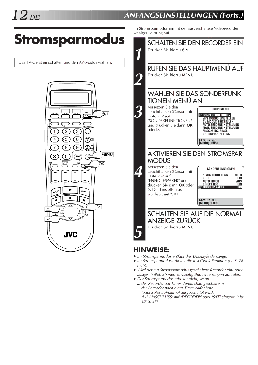 JVC HR-DVS2EU manual Stromsparmodus, Modus, Aktivieren SIE DEN Stromspar 