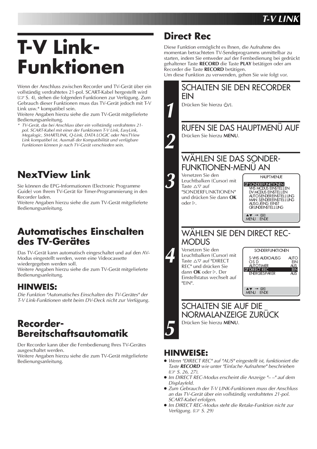 JVC HR-DVS2EU manual NexTView Link, Automatisches Einschalten des TV-Gerätes, Recorder- Bereitschaftsautomatik 