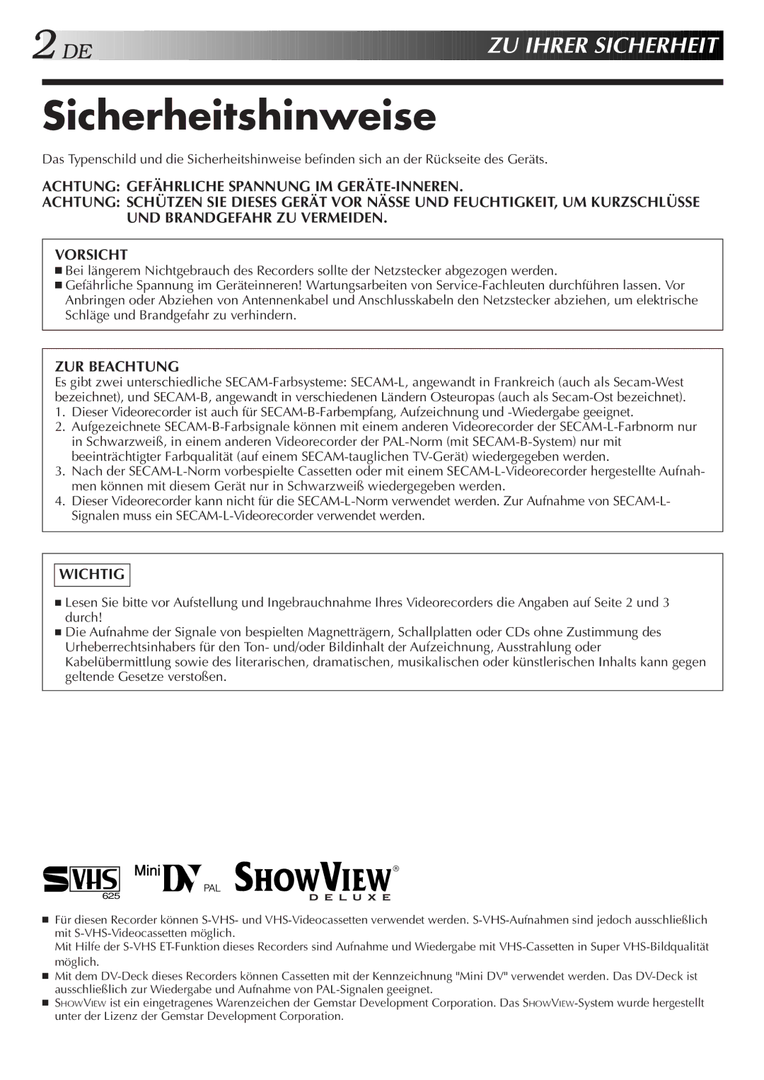 JVC HR-DVS2EU manual Sicherheitshinweise, ZUR Beachtung 