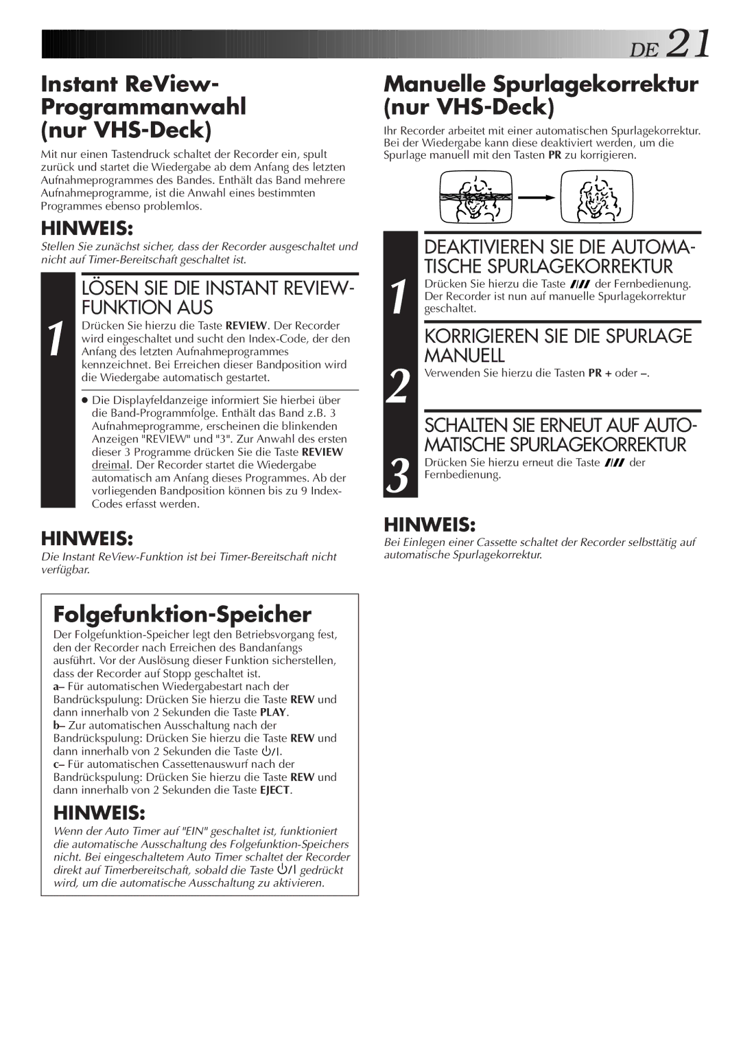 JVC HR-DVS2EU Instant ReView Programmanwahl Nur VHS-Deck, Folgefunktion-Speicher, Manuelle Spurlagekorrektur nur VHS-Deck 