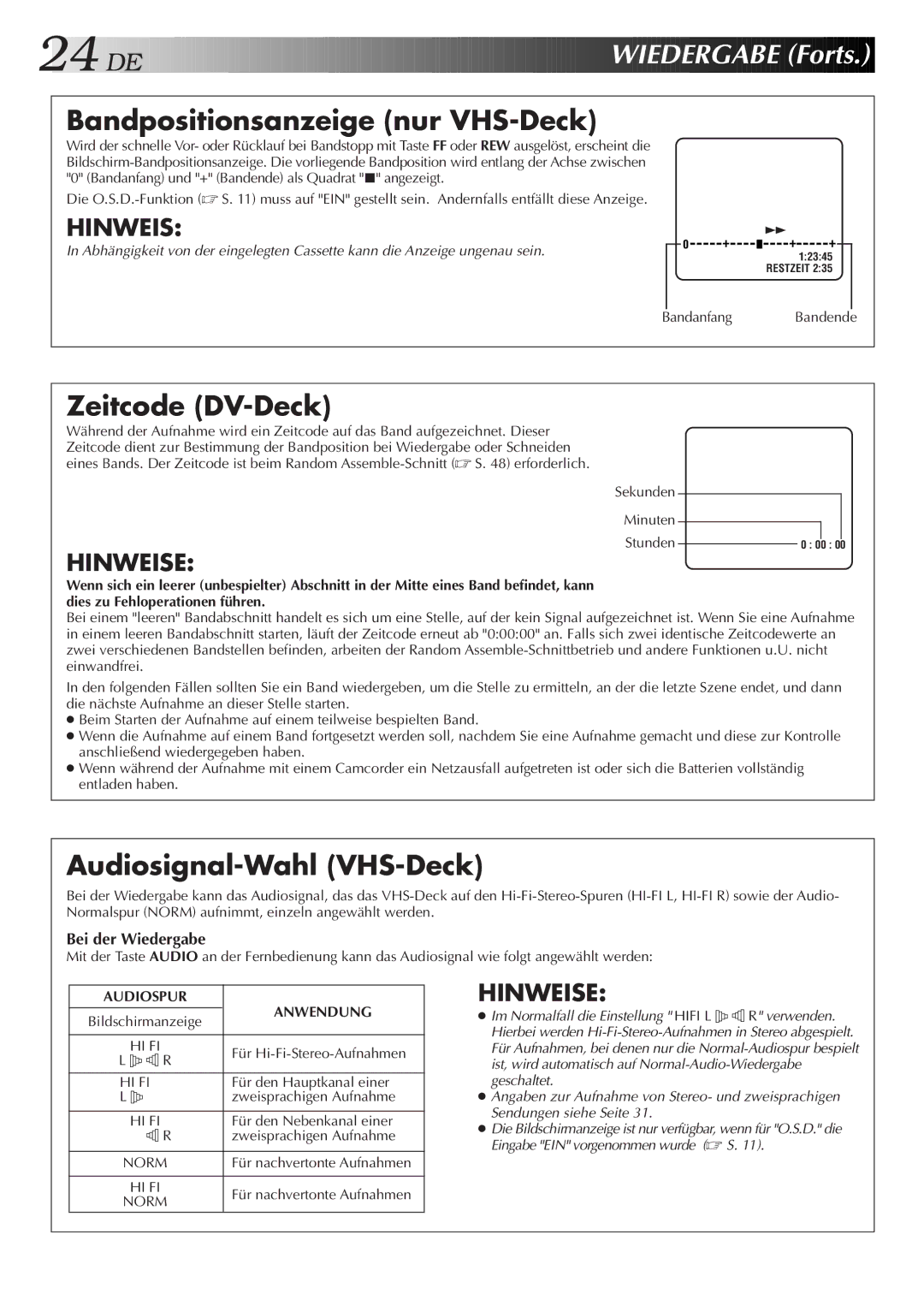 JVC HR-DVS2EU manual Bandpositionsanzeige nur VHS-Deck, Zeitcode DV-Deck, Audiosignal-Wahl VHS-Deck, Audiospur Anwendung 