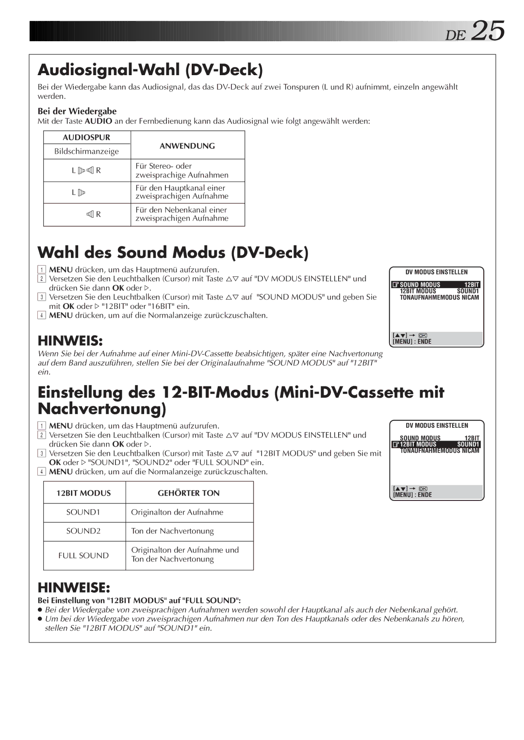 JVC HR-DVS2EU manual Audiosignal-Wahl DV-Deck, Wahl des Sound Modus DV-Deck, 12BIT Modus Gehörter TON 