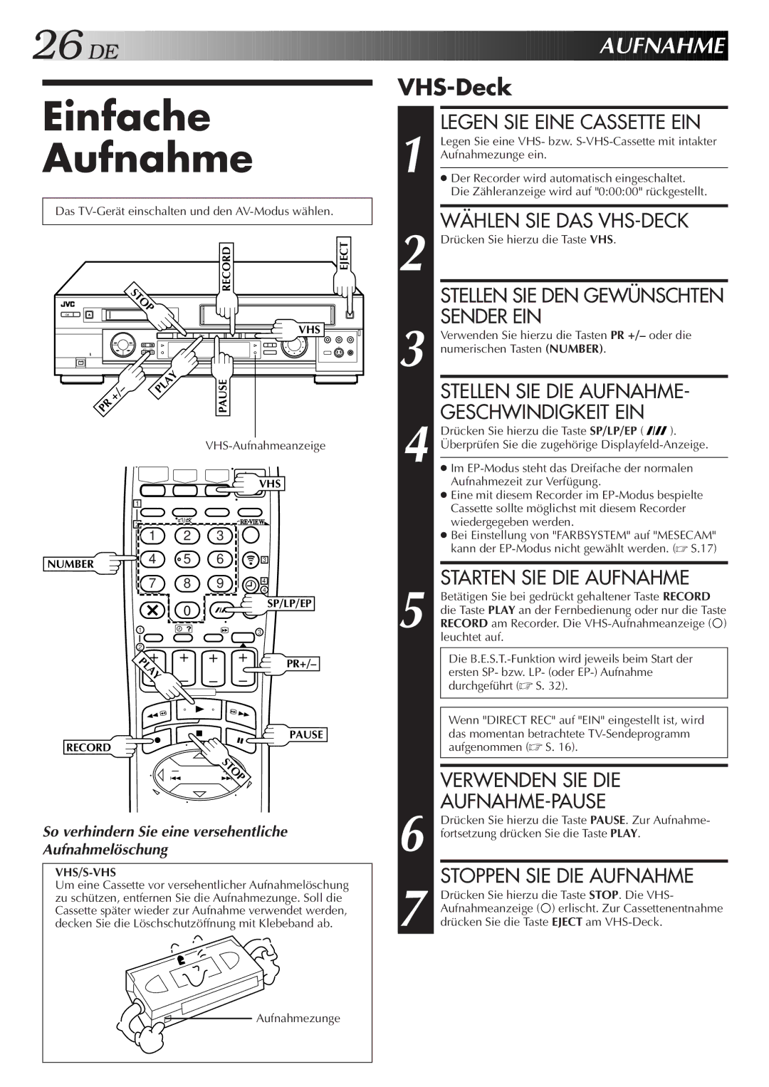 JVC HR-DVS2EU manual Einfache, Aufnahme, VHS-Deck 