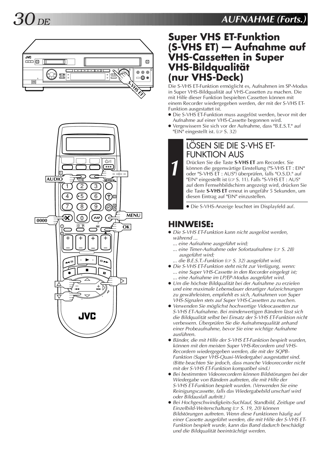 JVC HR-DVS2EU manual Lösen SIE DIE S-VHS ET Funktion AUS 