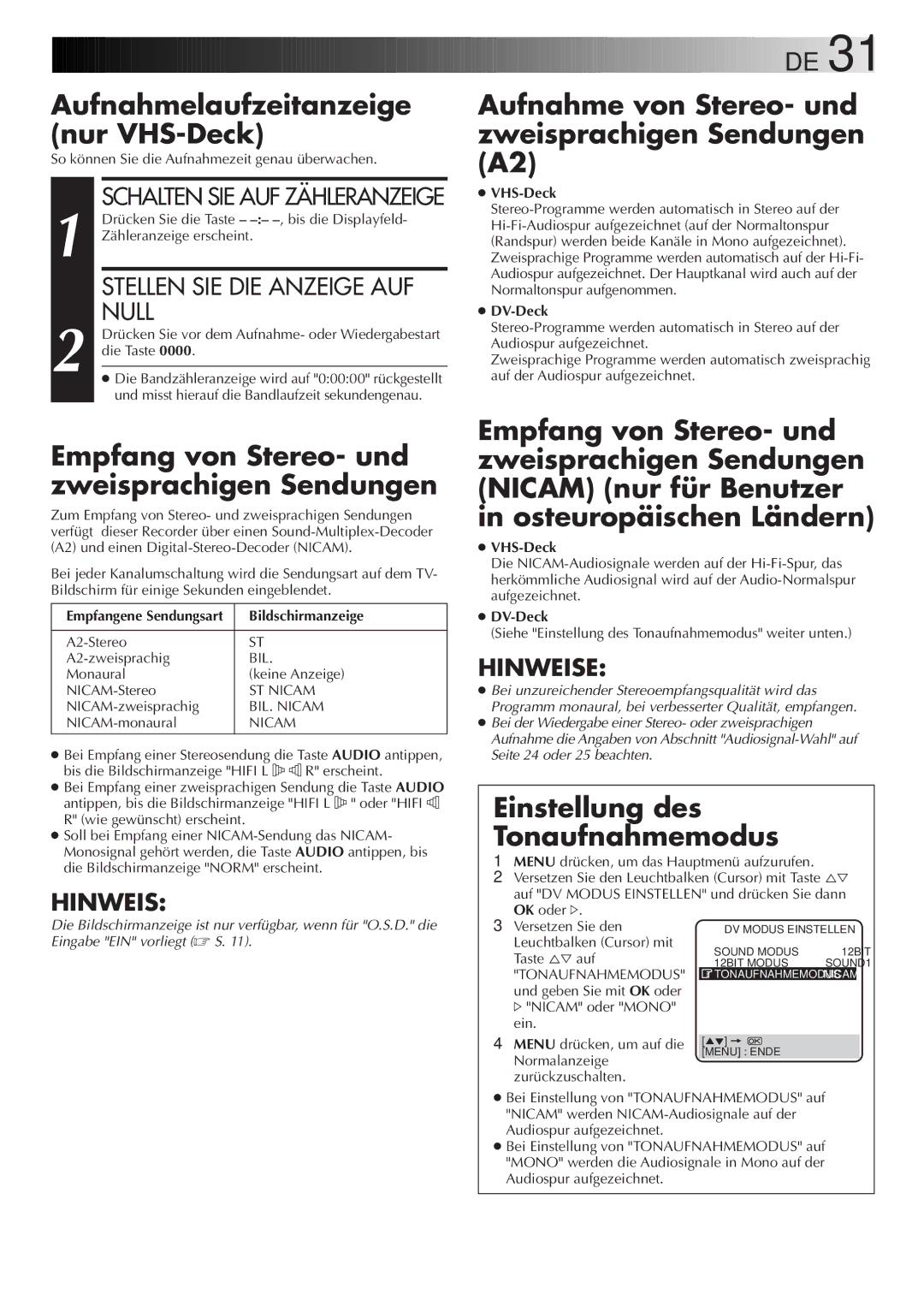 JVC HR-DVS2EU manual Aufnahmelaufzeitanzeige nur VHS-Deck, Empfang von Stereo- und zweisprachigen Sendungen 