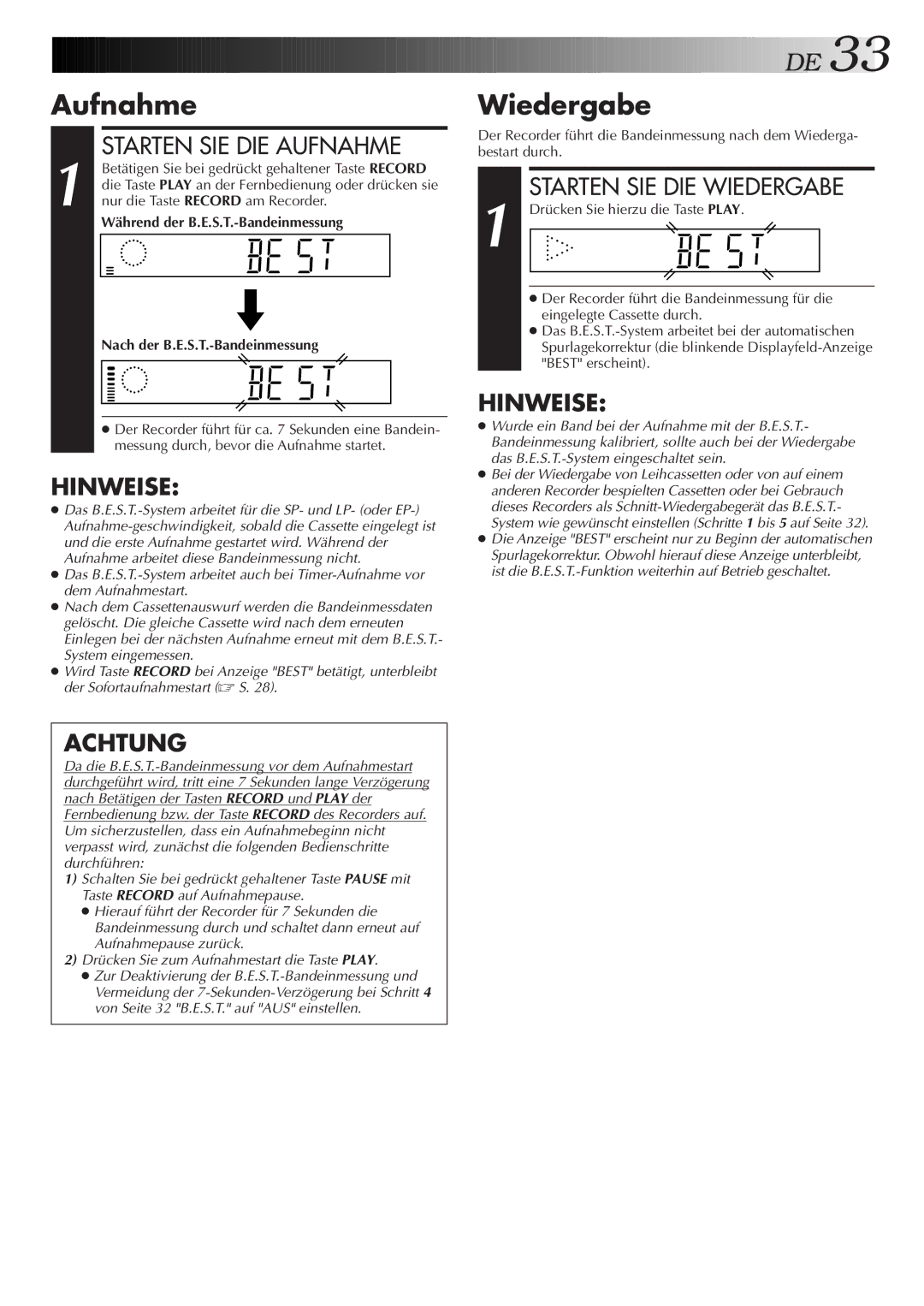 JVC HR-DVS2EU manual Aufnahme, Wiedergabe 