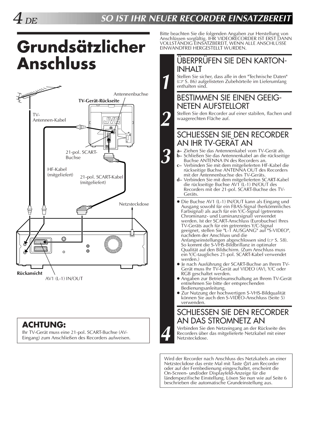 JVC HR-DVS2EU manual Grundsätzlicher Anschluss, DE SO IST IHR Neuer R Ecorder Einsatzb Ereit, Achtung 