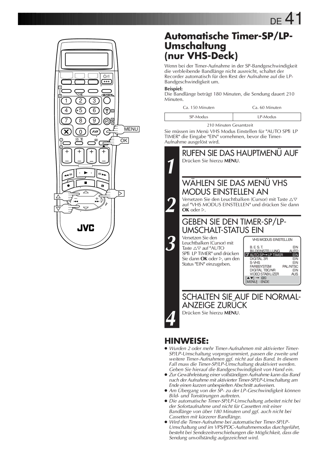 JVC HR-DVS2EU Automatische Timer-SP/LP Umschaltung Nur VHS-Deck, Wählen SIE DAS Menü VHS Modus Einstellen AN, Beispiel 