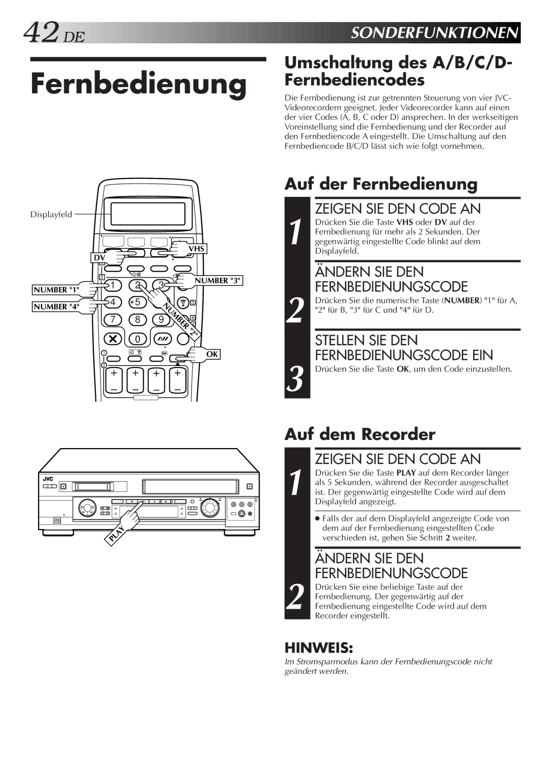 JVC HR-DVS2EU manual DE Sonderfunktionen, Umschaltung des A/B/C/D Fernbedienung Fernbediencodes, Auf der Fernbedienung 