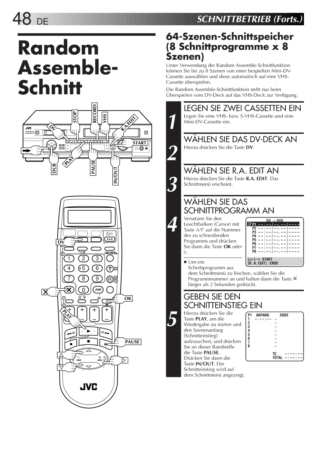 JVC HR-DVS2EU manual Szenen-Schnittspeicher 8 Schnittprogramme x 8 Szenen 