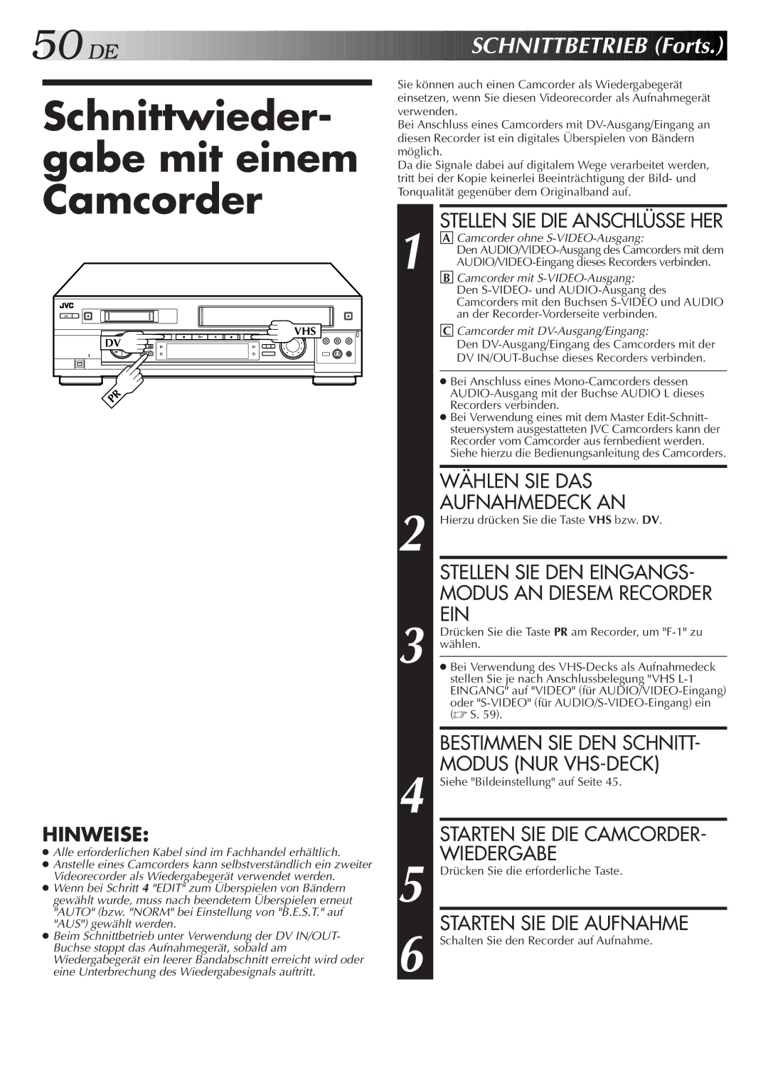 JVC HR-DVS2EU manual Schnittwieder- gabe mit einem Camcorder 